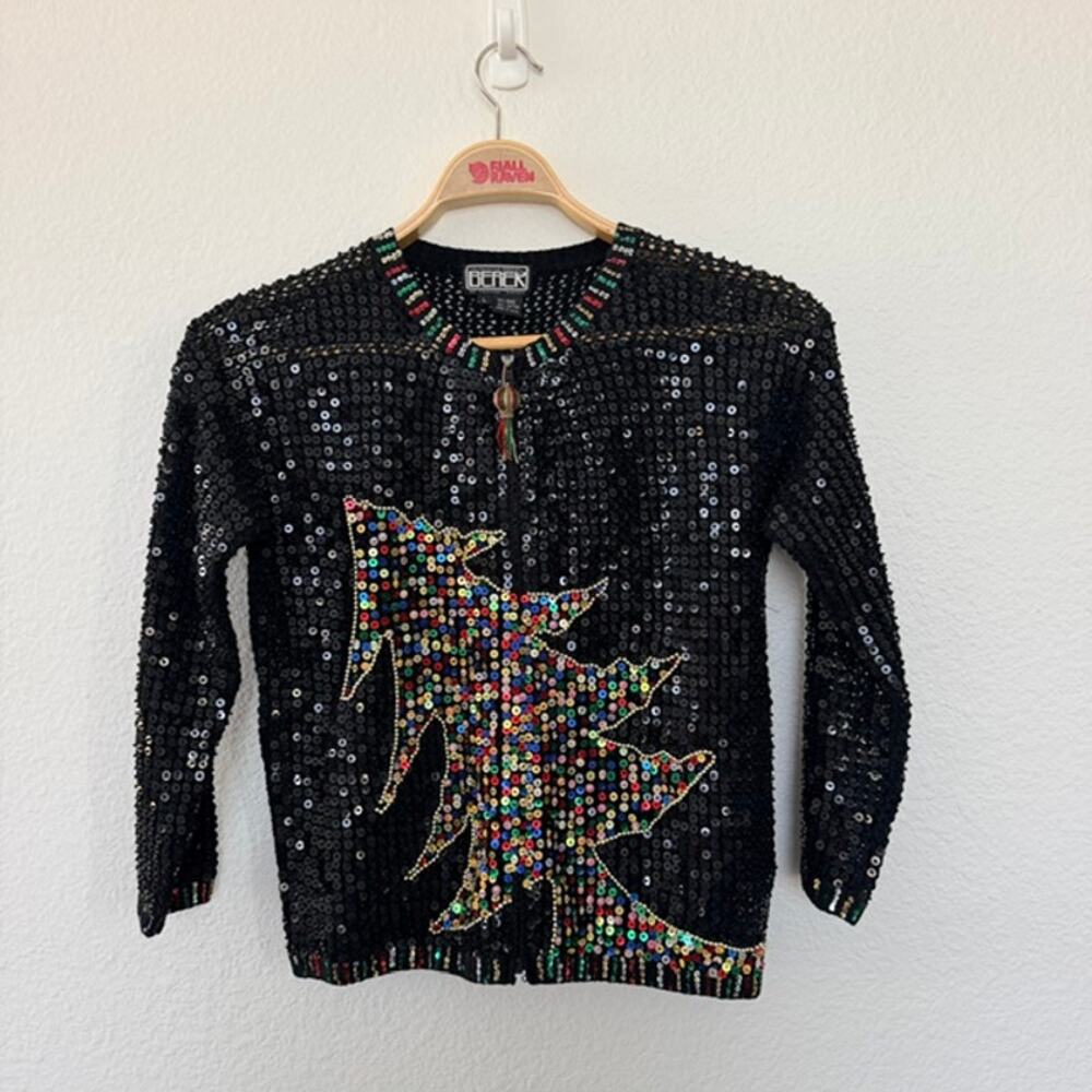 Berek by Takako Sakon Sweater Women Large Full Zip Sequin Christmas 80s Glam